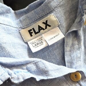 FLAX Blue Lightweight Linen Relaxed Fit 3/4 Sleeve Button Down Summer Shirt Sz L